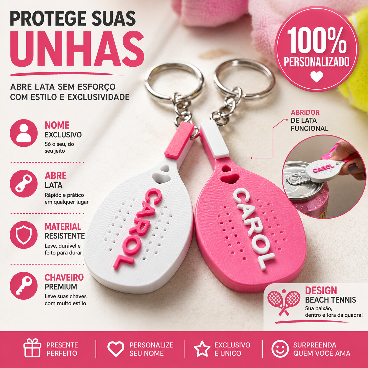 Chaveiro Abridor BTpro — Raquete que abre a latinha do pós-jogo