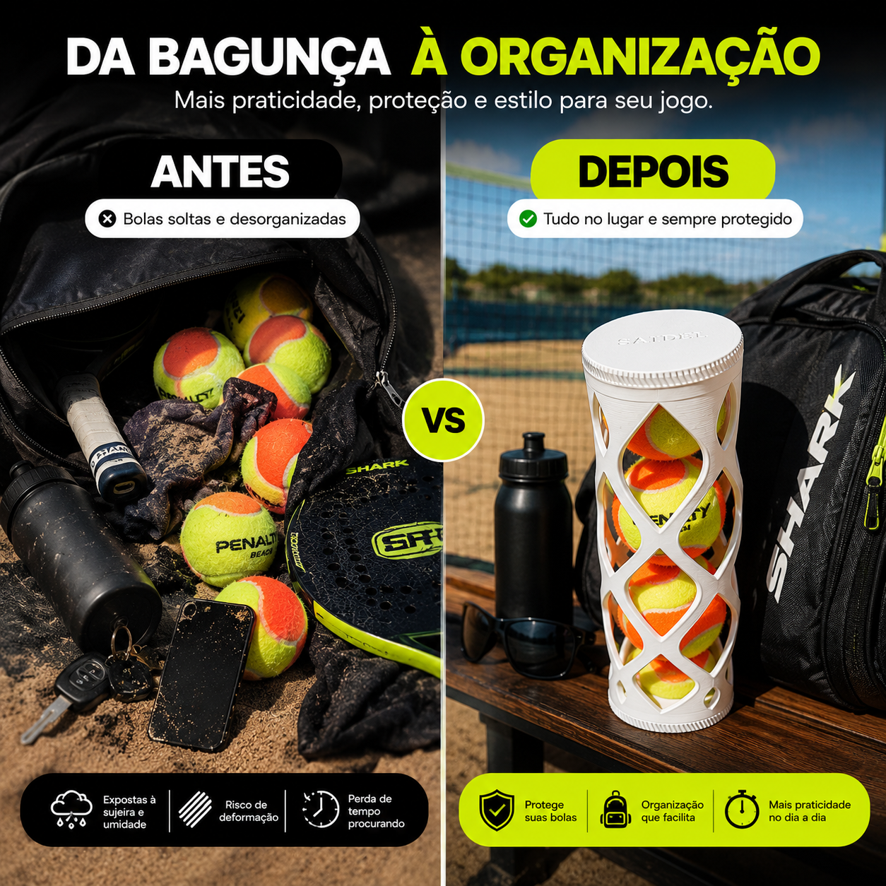 Comparação entre bolas soltas na mochila e bolas organizadas no suporte BTpro